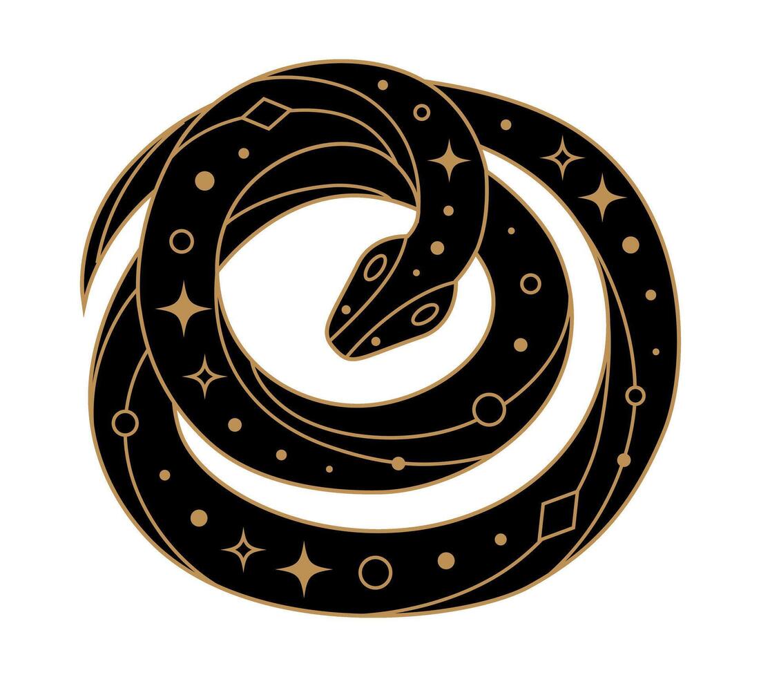 Black coiled snake silhouette with golden elements vector