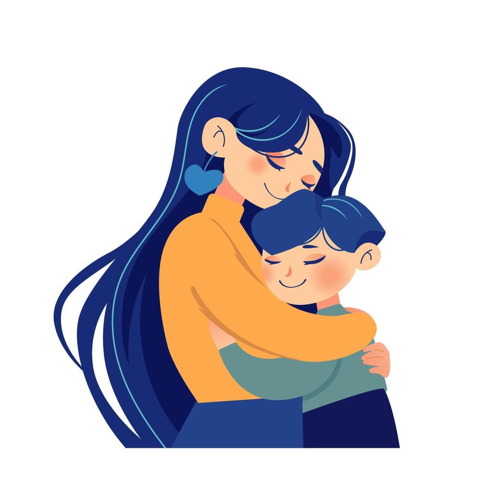 Woman embracing her child. Beautiful Mother and son. Colorful illustration isolated. Warm and emotional composition, perfect for greeting cards, posters, and digital designs. vector