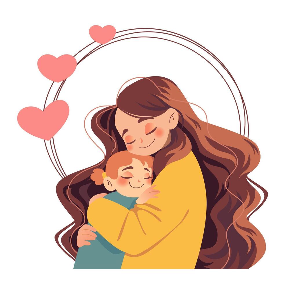 Woman embracing her child. Mother and daughter. Concept of Happy Mother's Day card with hearts. Illustration isolated. vector