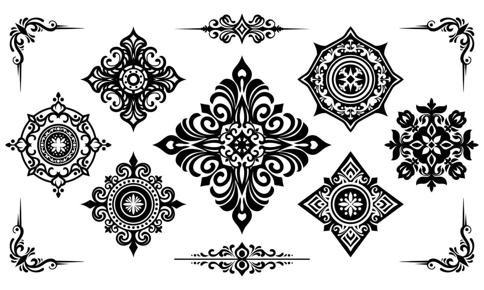 Set of floral in black collection. Vintage and retro element design. Ornament minimal tattoo. vector