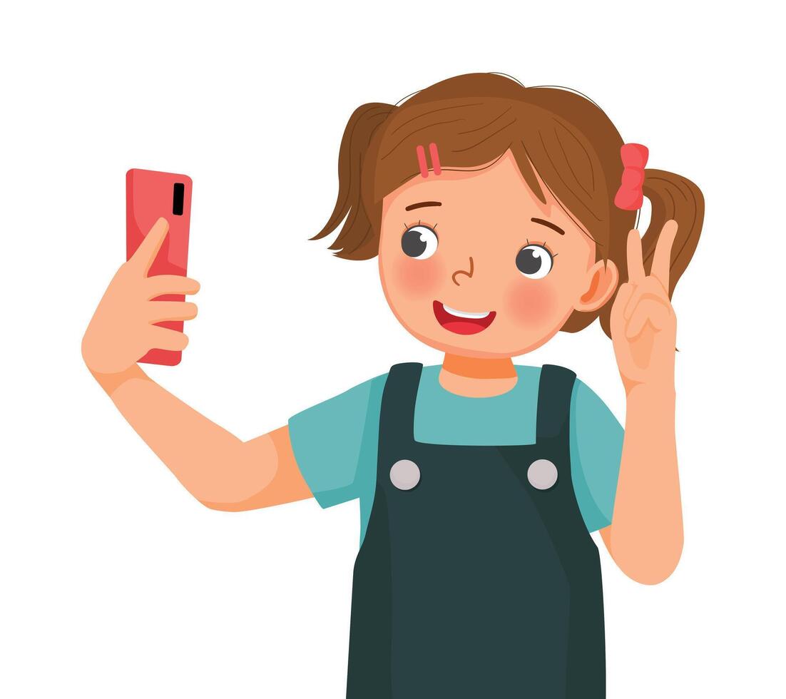 Cute little girl taking selfie with smartphone making V sign vector