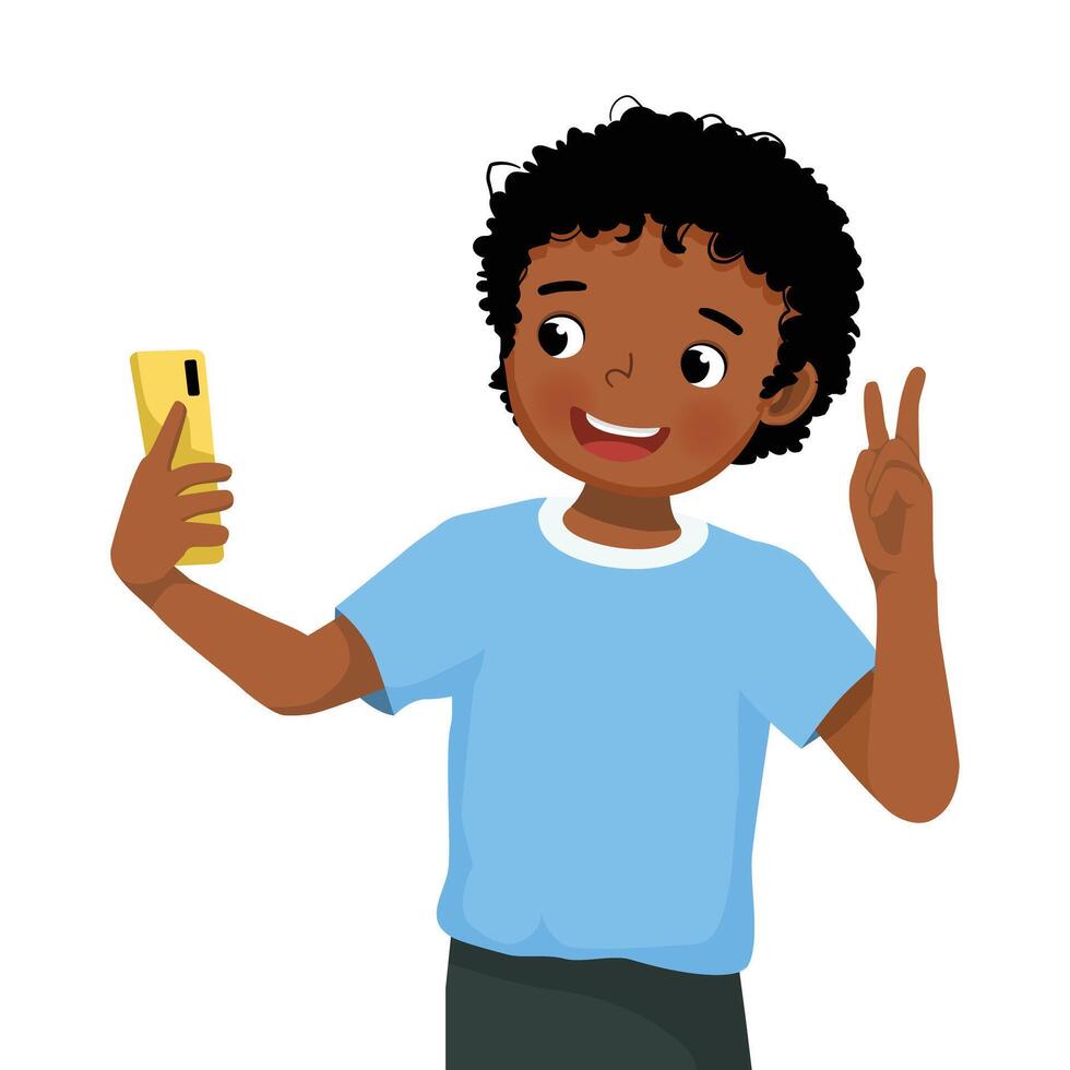 Cute little African boy taking selfie with smartphone making V sign vector