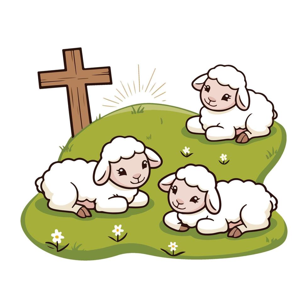 Content Sheep Resting on grass with christian cross vector