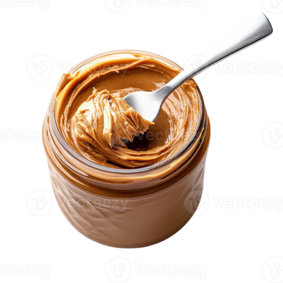 Smooth and Creamy Peanut Butter in a Jar with a Steel Spoon Perfect for Spreading on Bread or Cooking Treats png