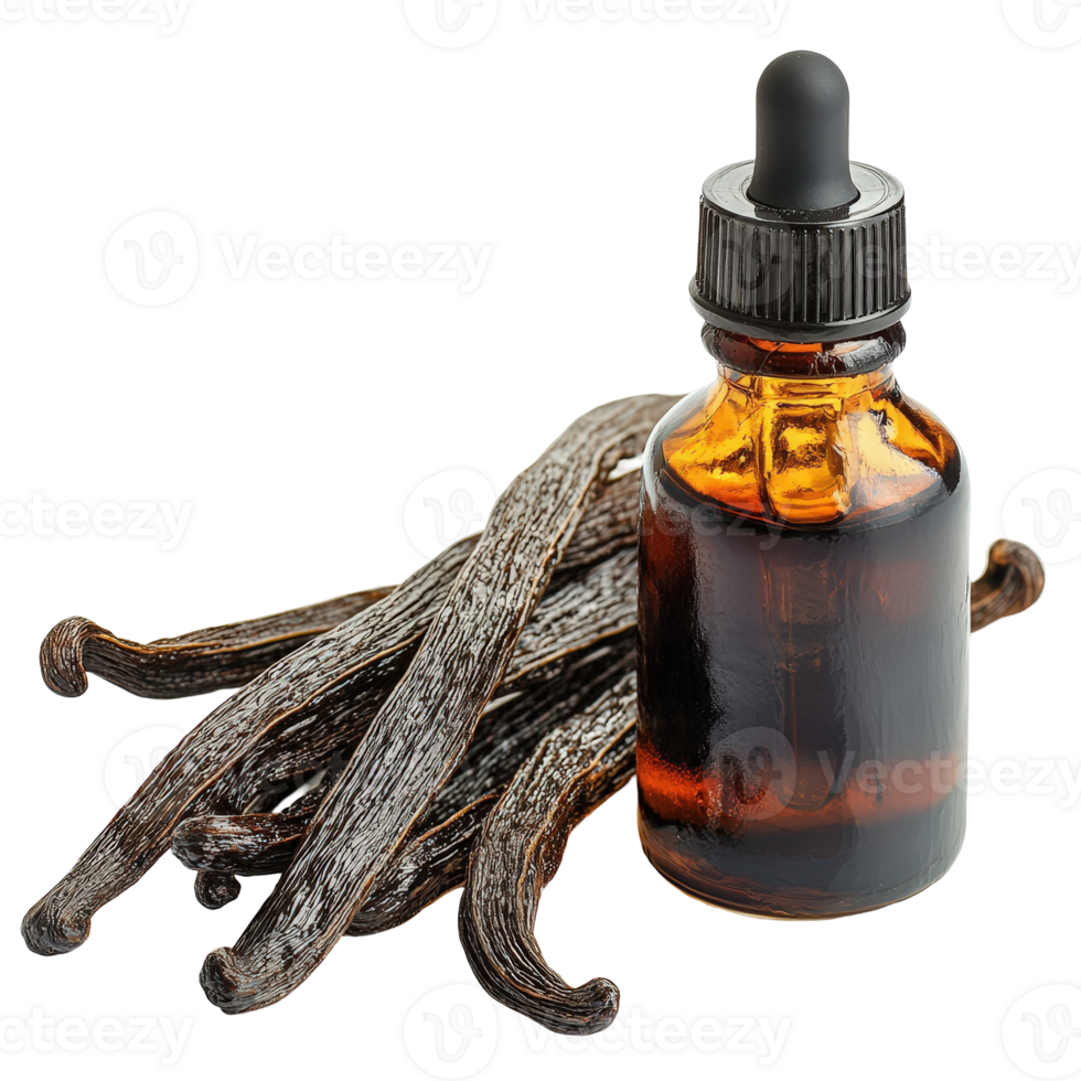 Brown glass bottle with dropper containing pure vanilla extract beside dried vanilla beans for culinary use png