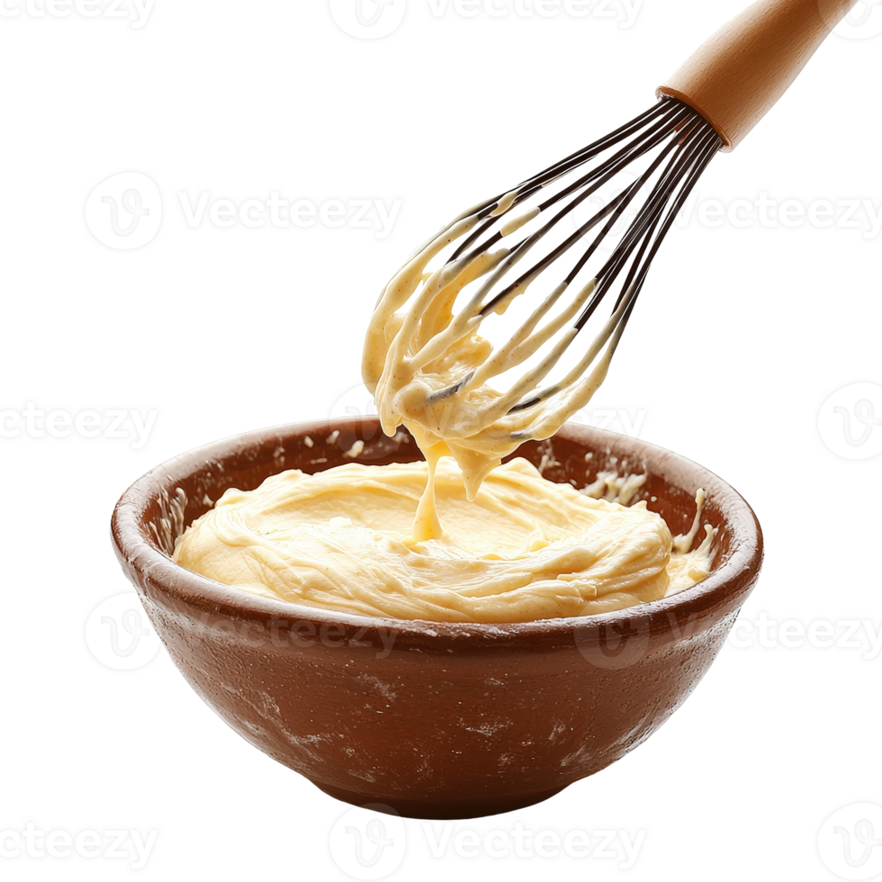 Whisk Mixing Creamy Batter in Rustic Bowl with Wooden Utensil for Baking Delicious Pastry or Cake Preparation png