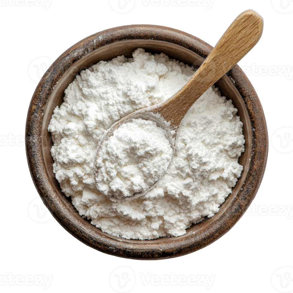Bowl of White Flour with Wooden Spoon on Rustic Wooden Table Food Ingredients for Baking Culinary and Cooking Concepts png