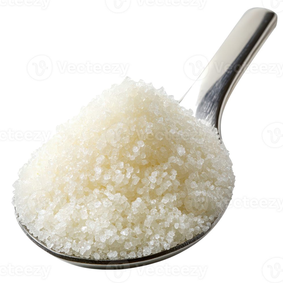 Close Up View of Granulated White Sugar Piled on a Stainless Steel Spoon with Soft Shadows and a Smooth Texture png