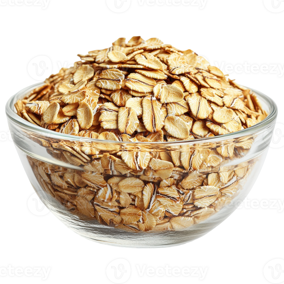 Glass bowl filled with raw rolled oats displaying a healthy whole grain ingredient for cooking and baking recipes png