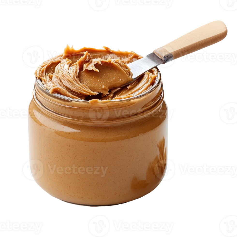 Smooth and Creamy Peanut Butter in a Glass Jar with a Wooden Spoon Resting on Top for Delicious Spreads and Recipes png