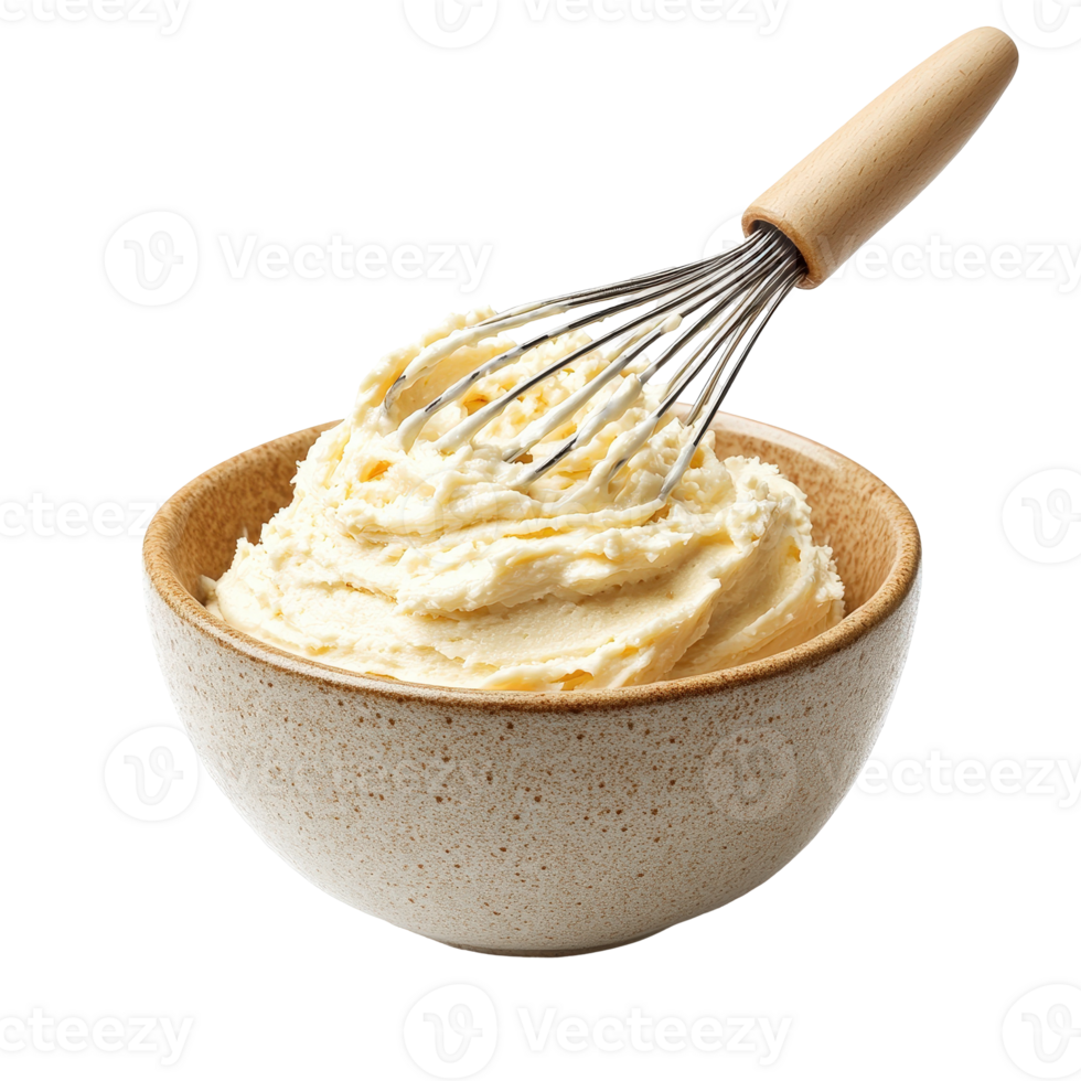 Creamy Butter Mixture Whipped to Perfection in a Rustic Bowl with a Whisk Ready for Cooking and Baking Applications png