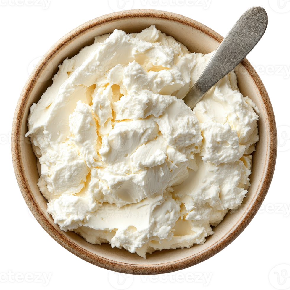 Creamy Ricotta Cheese in Rustic Bowl with Spoon Ready for Culinary Use or Baking Dishes and Delicious Recipes png