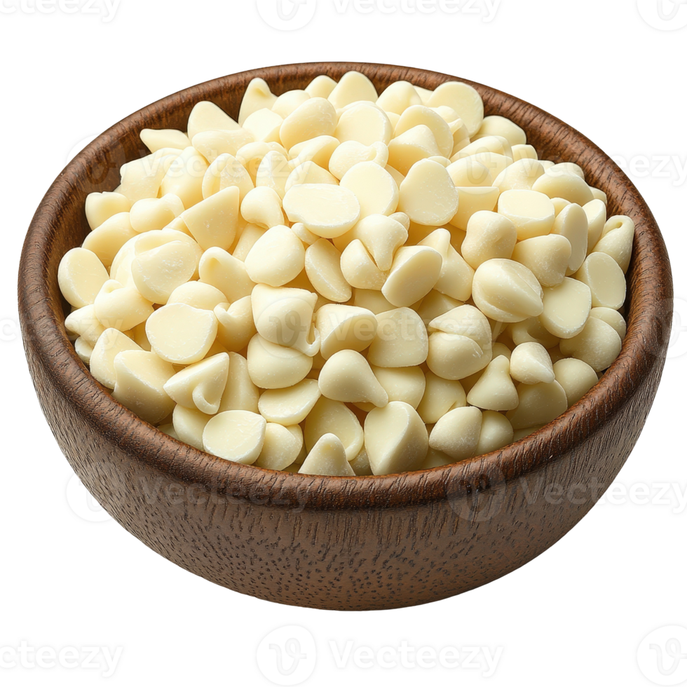 White Chocolate Chips in Brown Wooden Bowl for Baking and Cooking Uses, Close Up on Delicious Baking Ingredient png