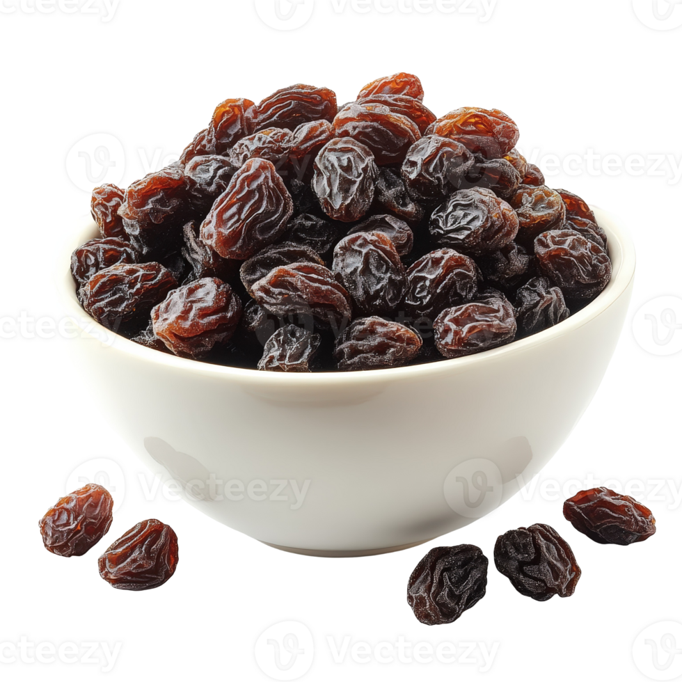 Fresh and Delicious Dark Raisins in a White Bowl for Healthy Snacks and Baking Ingredients png