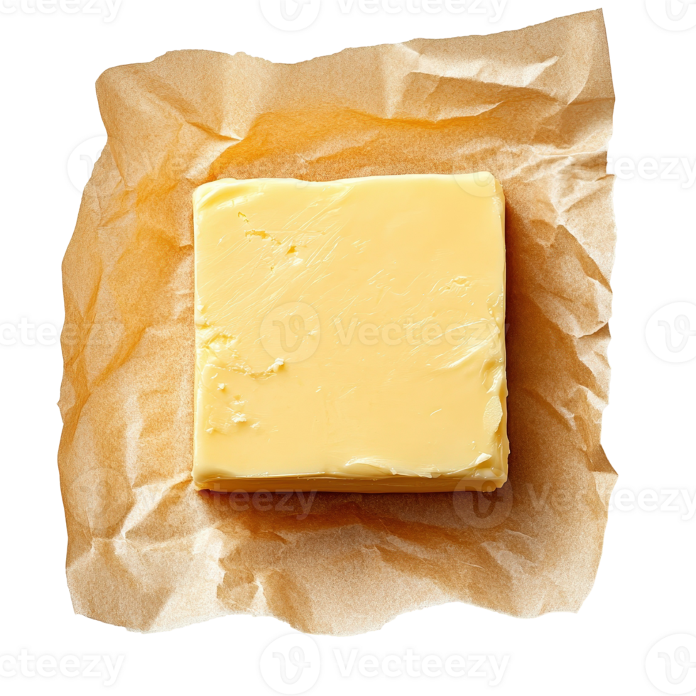Block of Unwrapped Yellow Butter on Brown Parchment Paper for Culinary and Food Photography Needs png