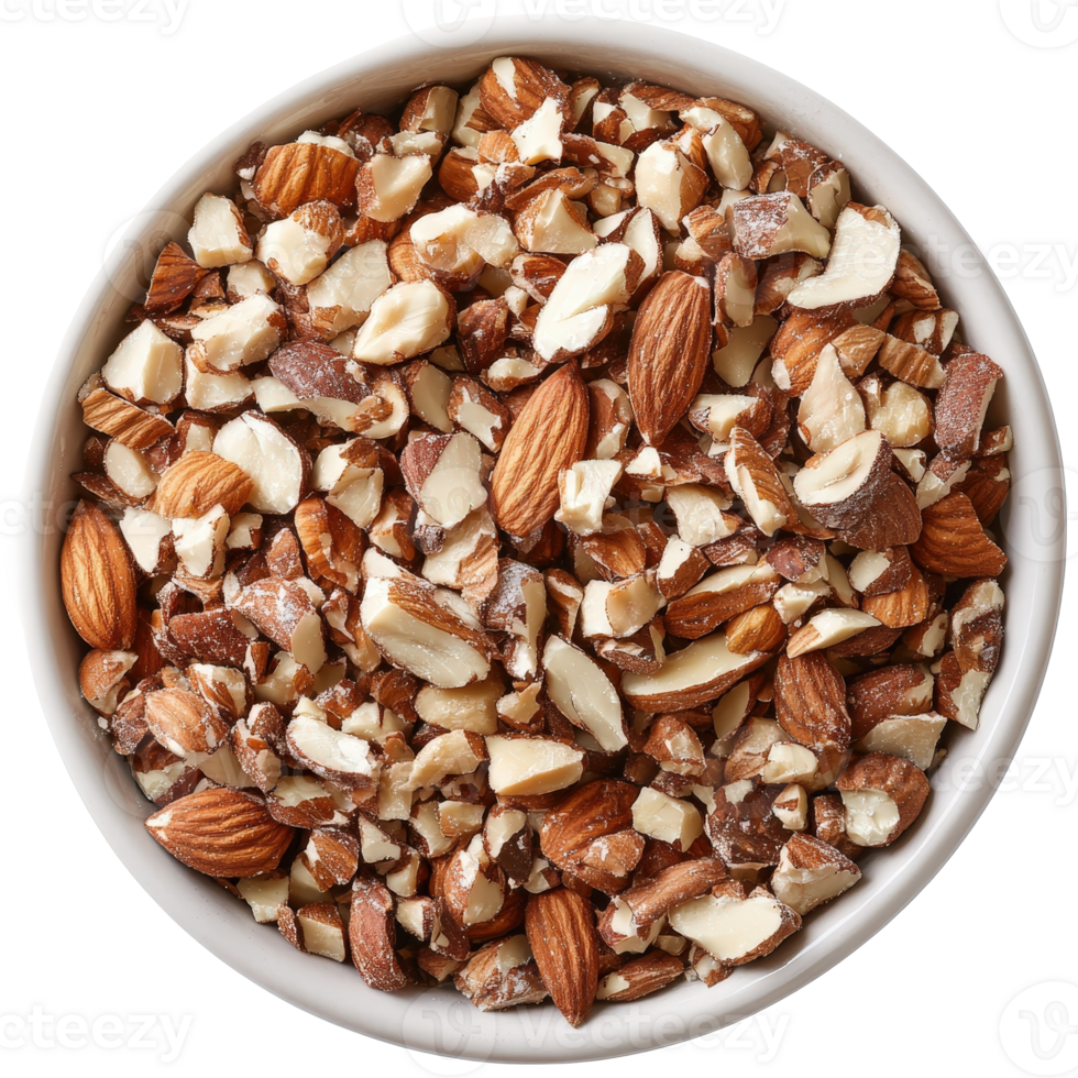 Chopped Nuts Mix in White Bowl Perfect for Healthy Snacks and Baking Supplies with Almonds and Hazelnuts png