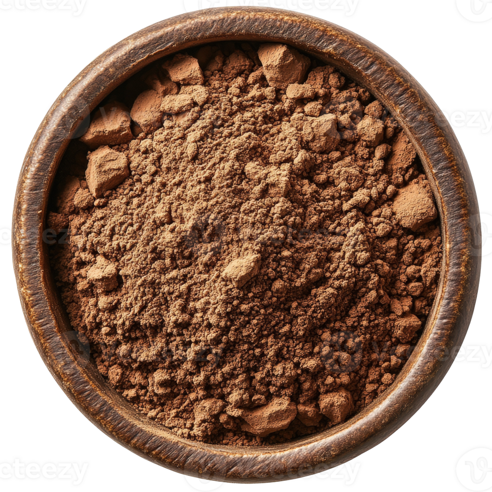 Fine Cocoa Powder in Rustic Wooden Bowl Perfect for Baking and Cooking Delights and Enhancing Flavors png