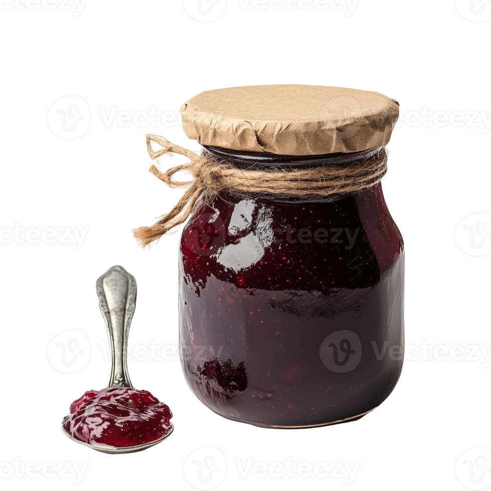 Delicious homemade berry jam in a glass jar with a spoon, rustic style, showcasing vibrant color and rich texture png