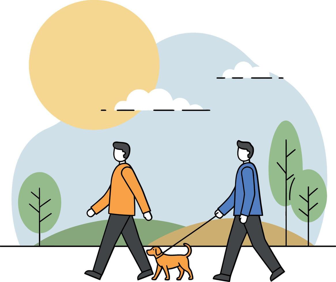 Two men walking a small dog in a sunny park, flat art vector