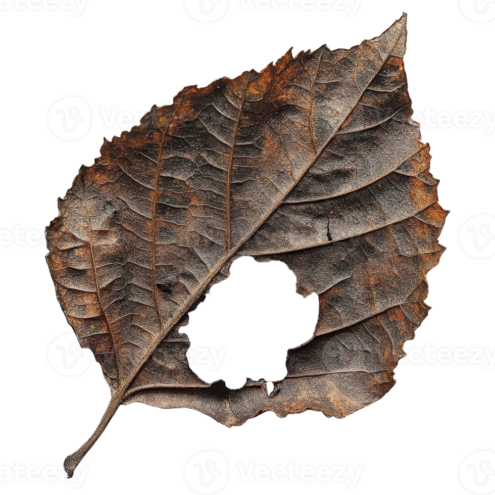 Detailed Close up of a Brown, Decayed Leaf with Textured Surface and a Unique Hole in the Center png