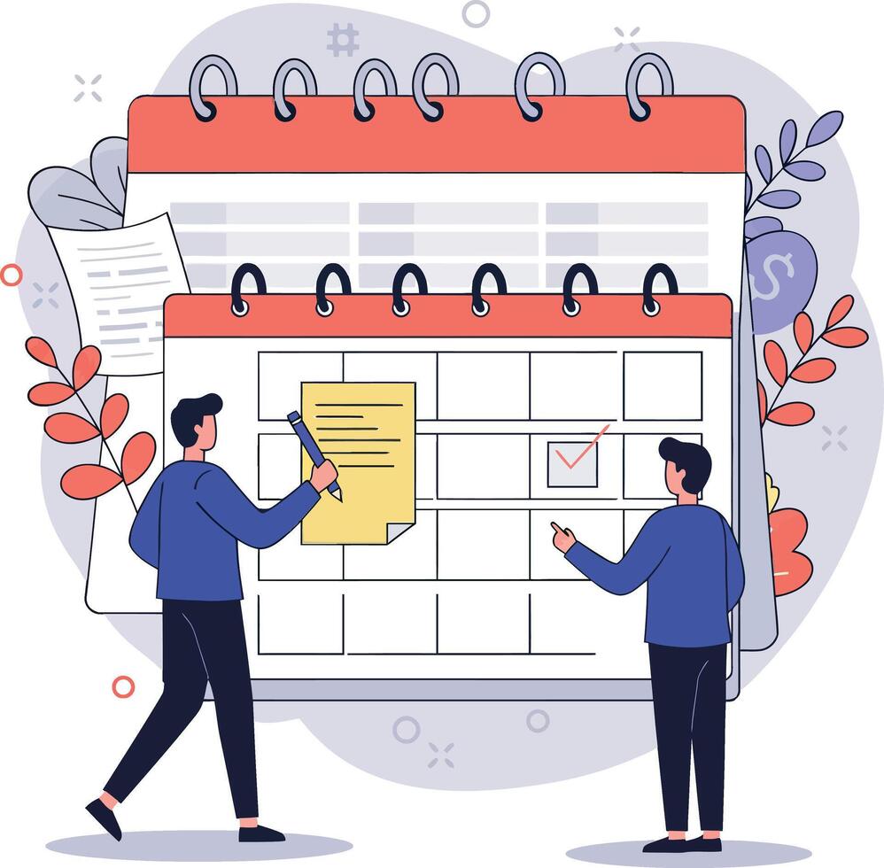 Two individuals planning their week in a detailed flat design calendar illustration vector