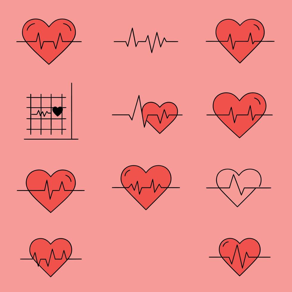 Heart illustrations featuring heartbeat patterns in a minimal flat design style as art vector