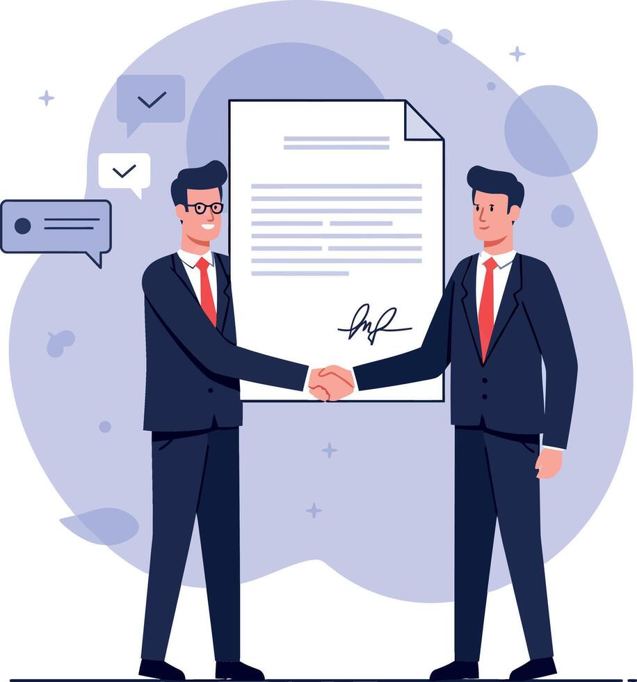 Two businessmen shaking hands in a professional setting with flat illustration style and business agreement document vector