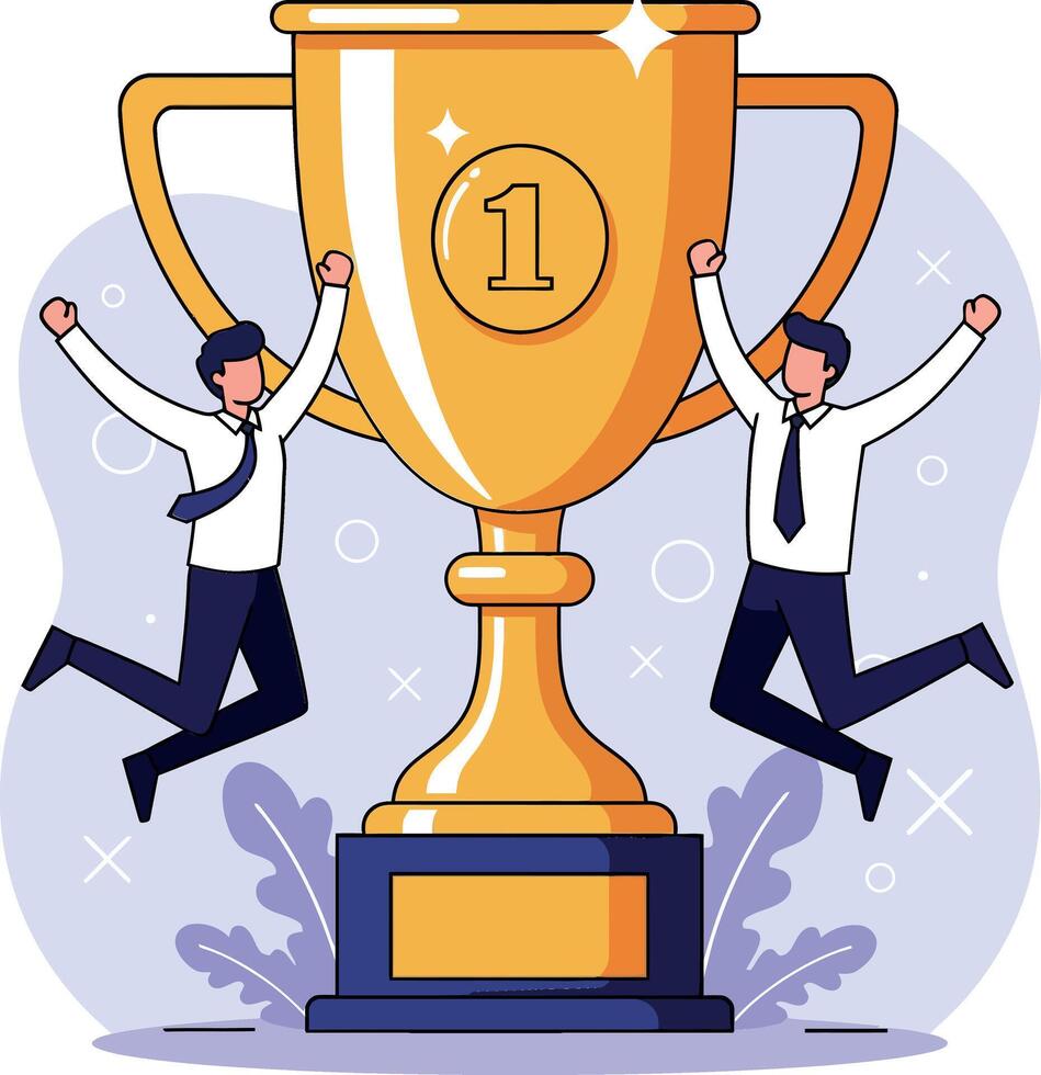 Two jubilant men celebrating victory with a large gold trophy in flat art vector