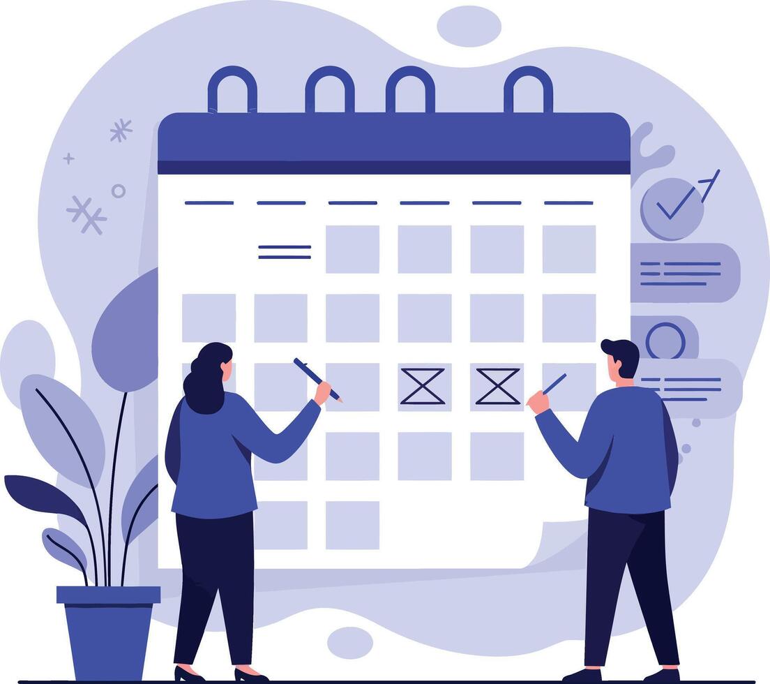 Two people planning together with a calendar in a minimal flat design illustration vector