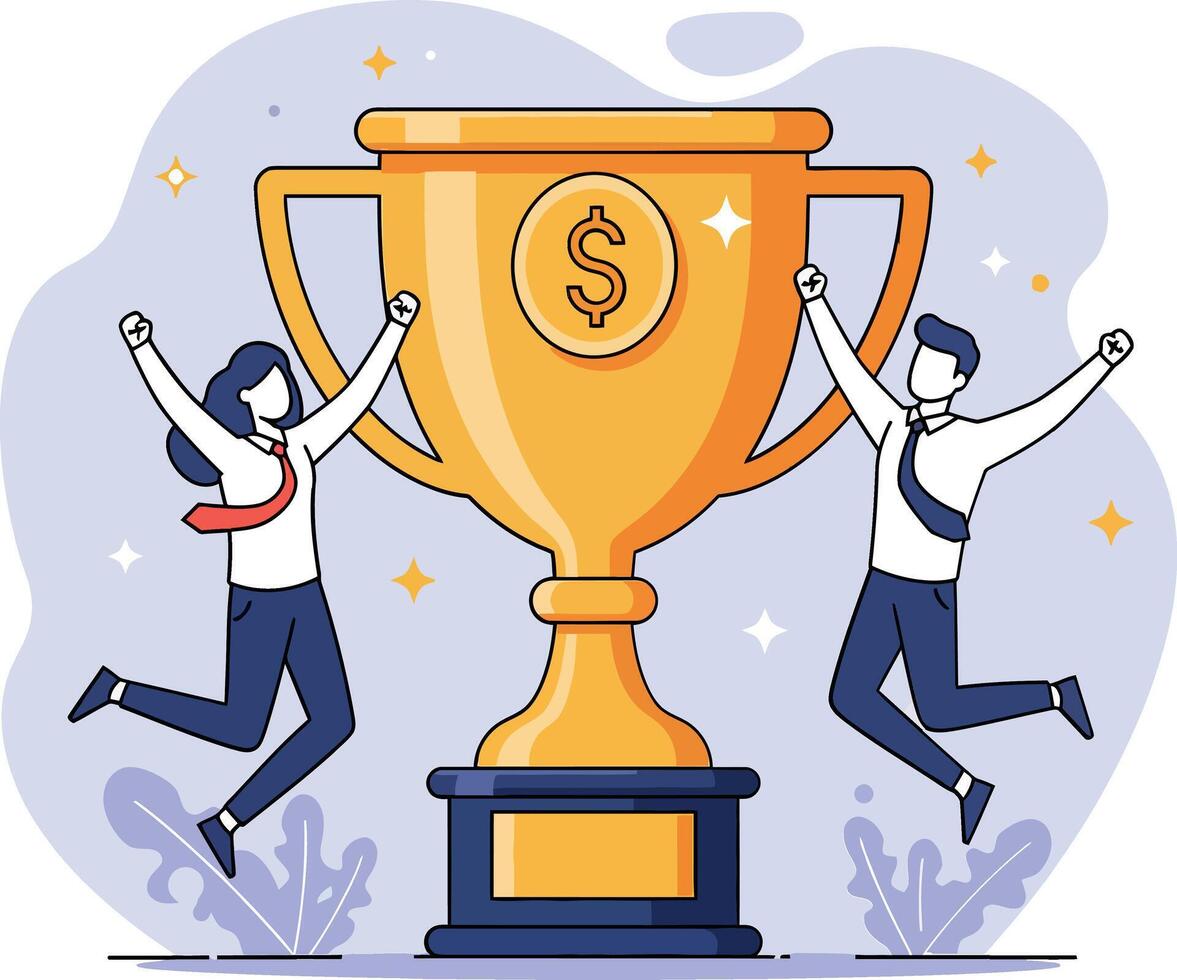 Two excited people celebrating victory in front of a large trophy in a flat illustration vector