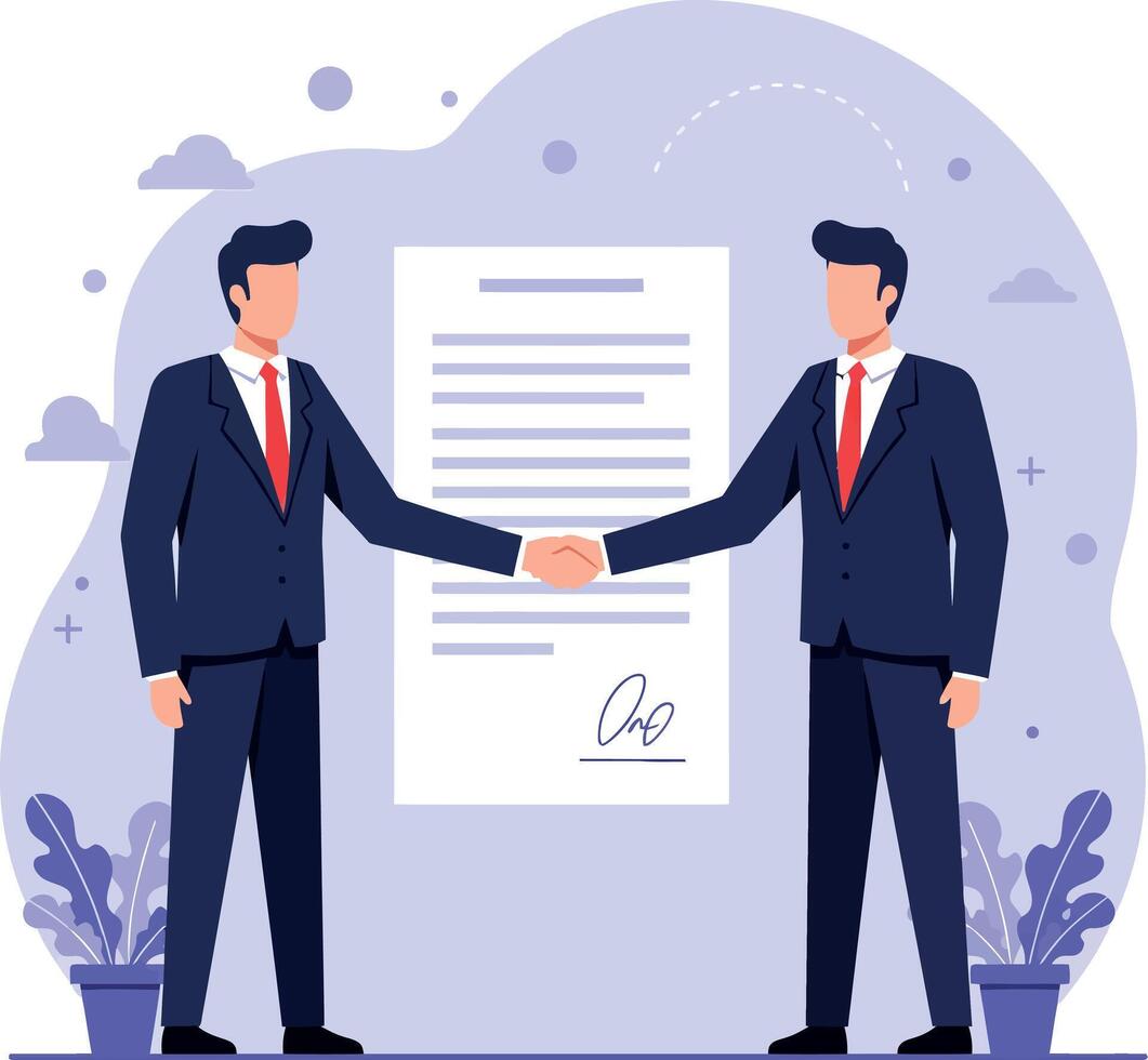 Two business professionals shaking hands in formal attire on a light background, flat illustration vector