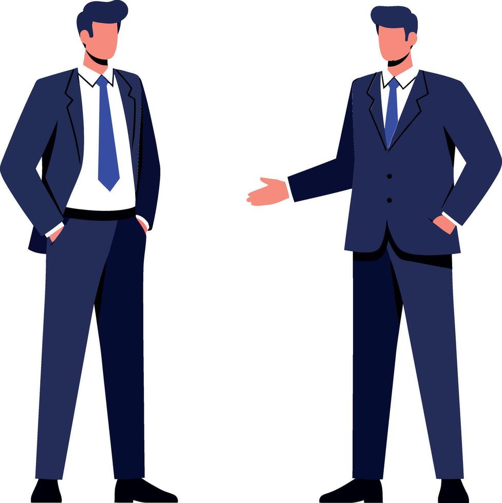 Two business professionals in dark suits engaging in conversation with a minimal and modern design style illustration vector