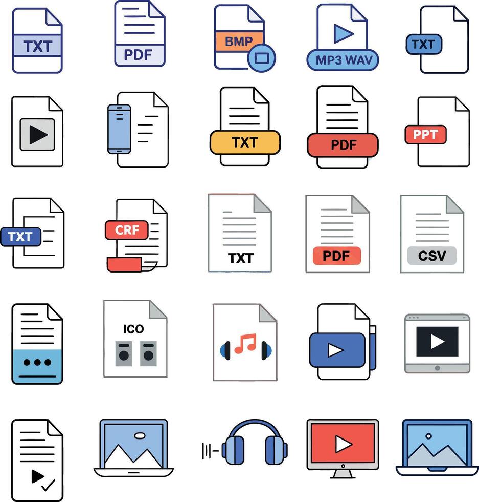 Document and media file icons in flat design style for digital content illustration vector