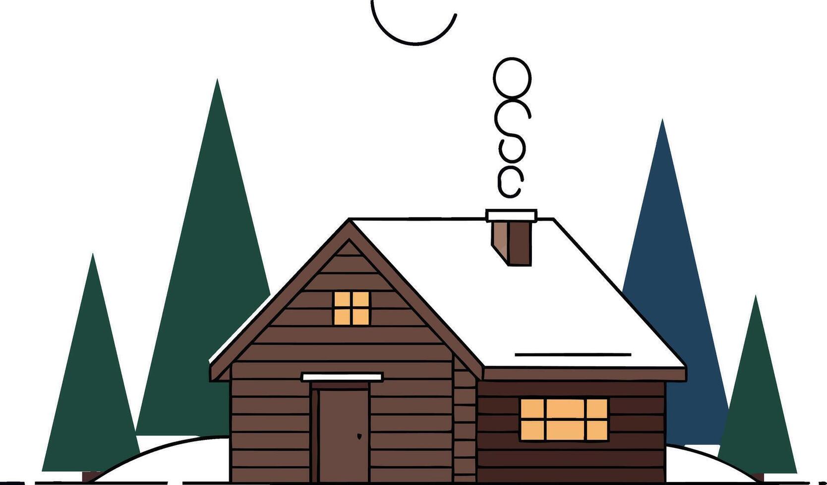 Cozy wooden cabin surrounded by tall evergreen trees in a snowy landscape, minimal art vector
