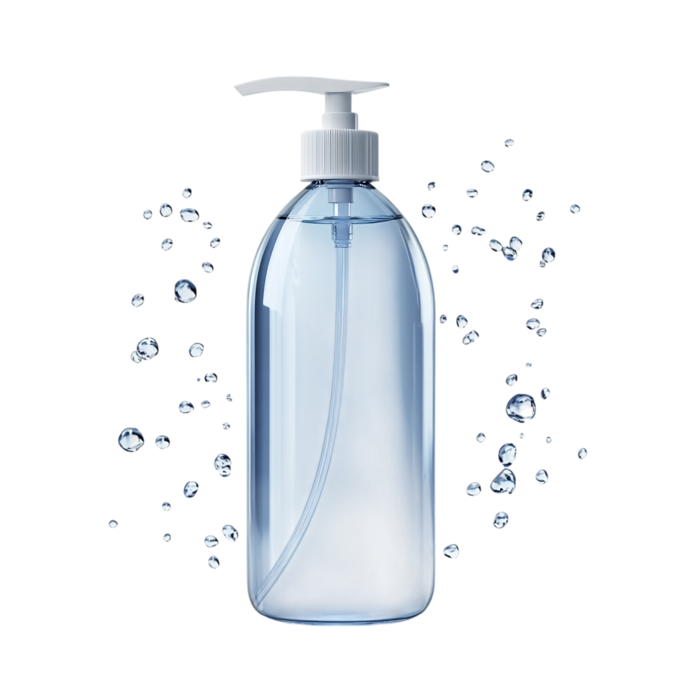 Transparent liquid soap dispenser bottle with pump, surrounded by water droplets, isolated on a transparent background png
