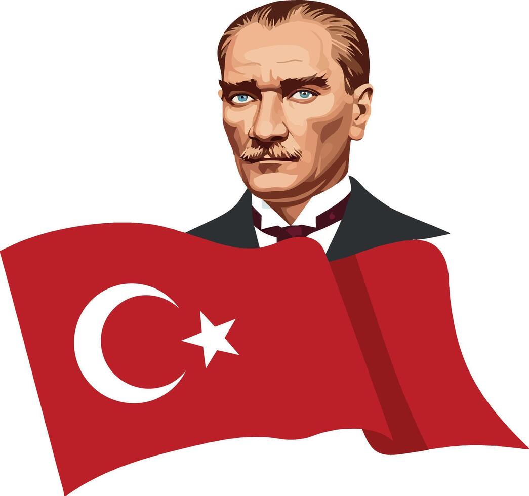 Mustafa Kemal Ataturk, the founder of the Republic of Turkey with sharp features and a serious expression, stands with confidence that is framed by a Turkish flag and symbolizes power. vector