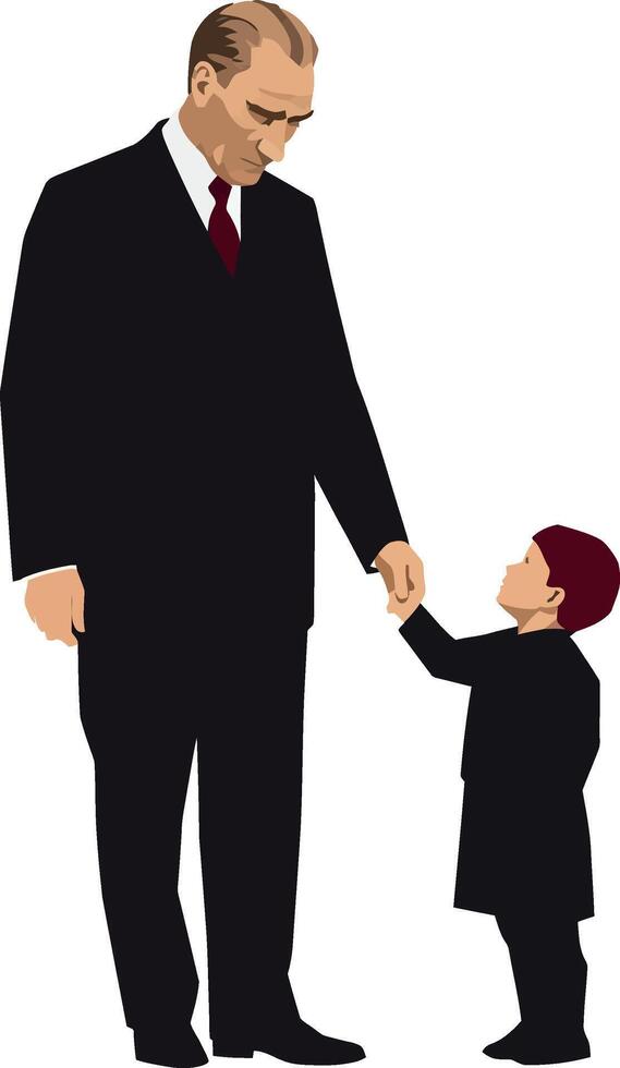 Ataturk and a child stand together to symbolize the unity and pride against the background of the Turkish flag vector