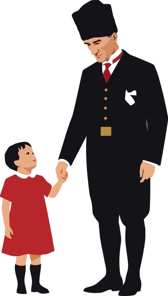 Mustafa Kemal Ataturk, while a girl in a red dress holds his hand, holds the Turkish flag. vector