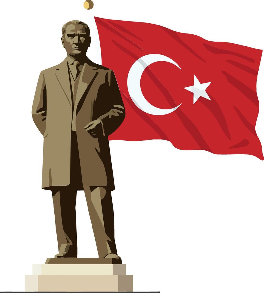 The statue of a leading Mustafa Kemal Ataturk depicts an important historical figure as well as a swinging Turkish flag symbolizing national pride. vector