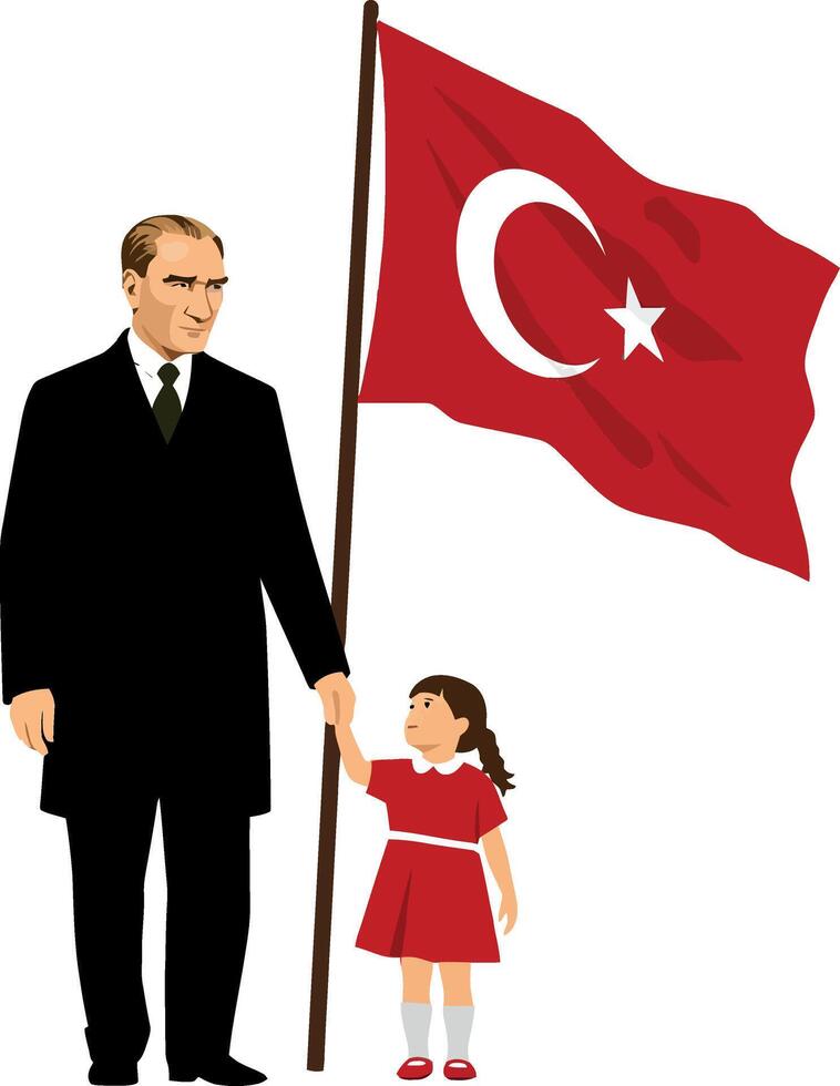 Mustafa Kemal Ataturk, while a girl in a red dress holds his hand, holds the Turkish flag vector