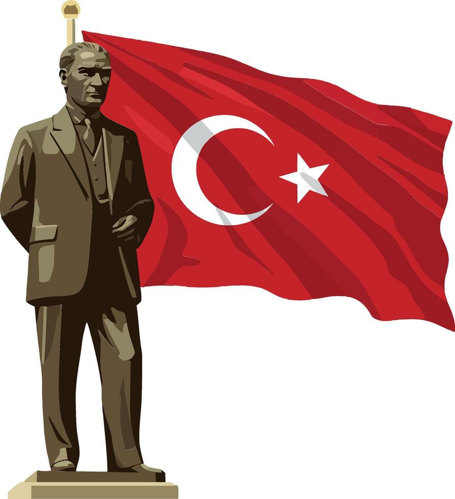 The statue of a leading Mustafa Kemal Ataturk depicts an important historical figure as well as a swinging Turkish flag symbolizing national heritage. vector