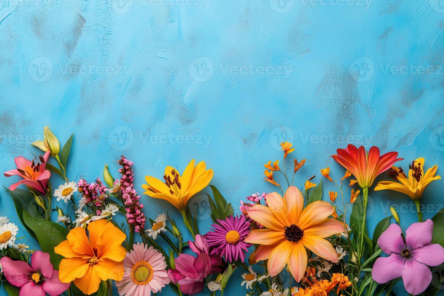 Colorful Summer Flowers on a Blue Background photo