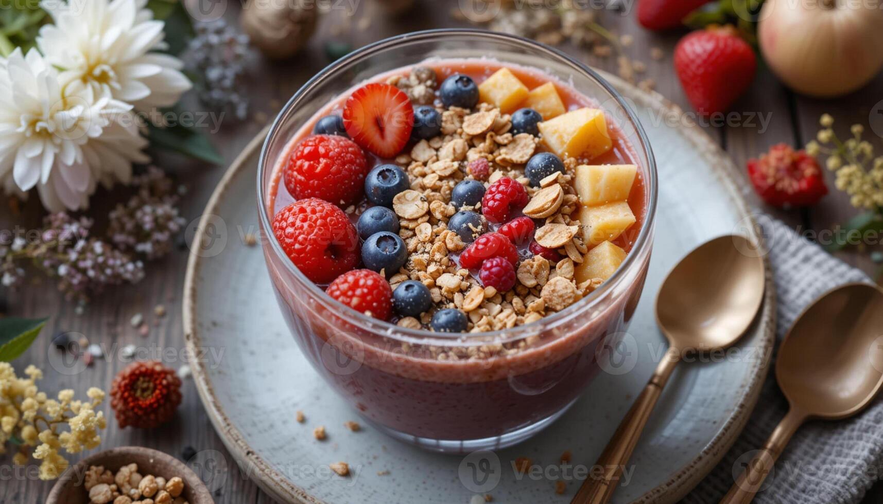 Healthy smoothie with berries and granola on a wooden table photo