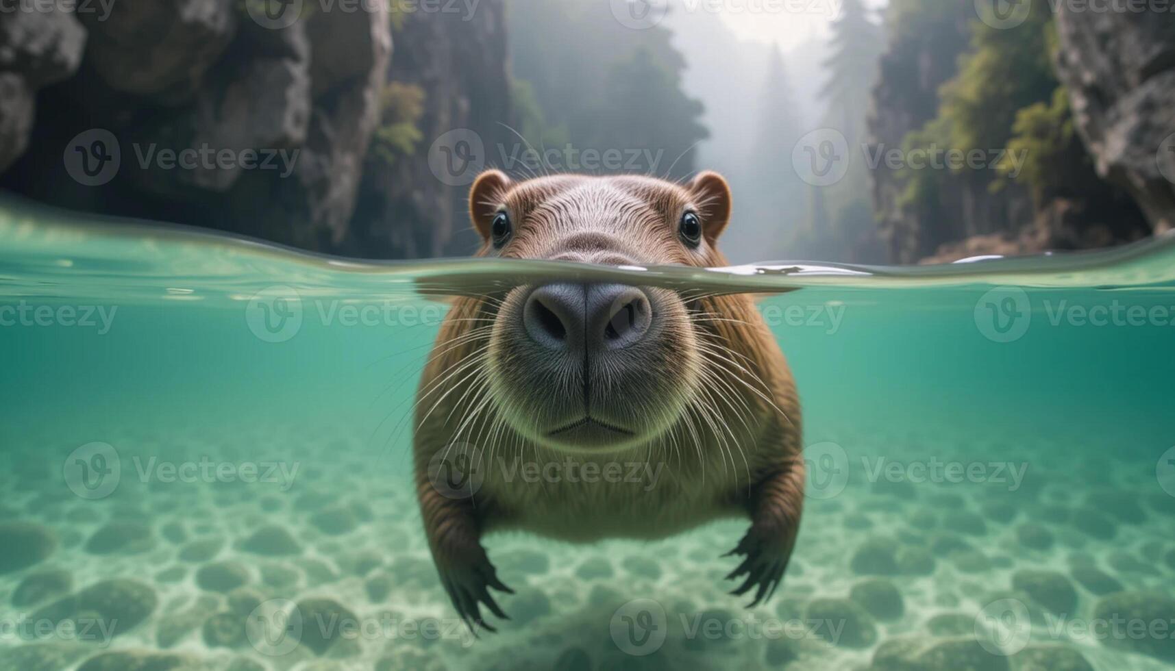 A capybara swimming in the water photo