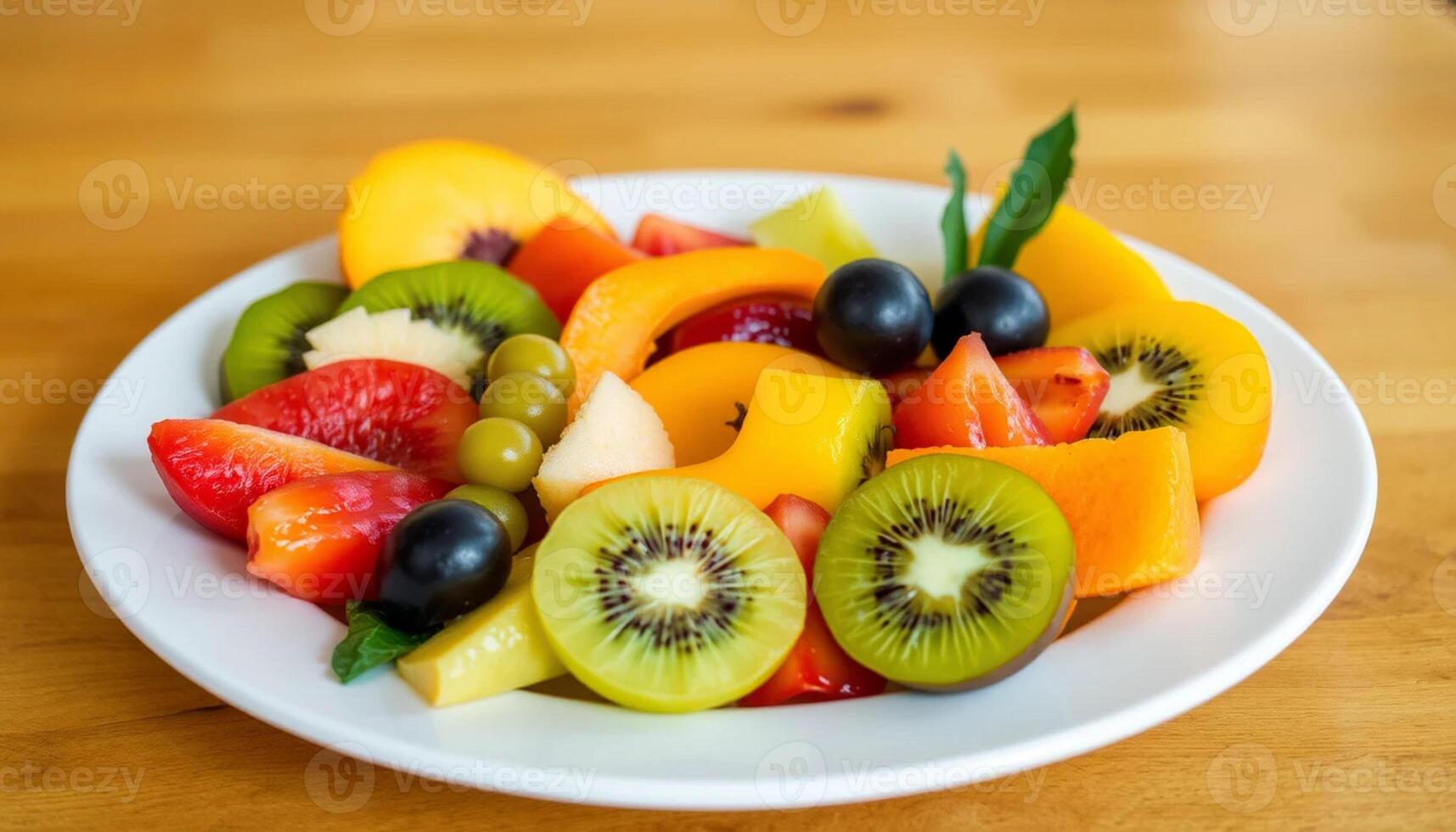 A plate of fruit salad with kiwi, mango, and other fruits photo