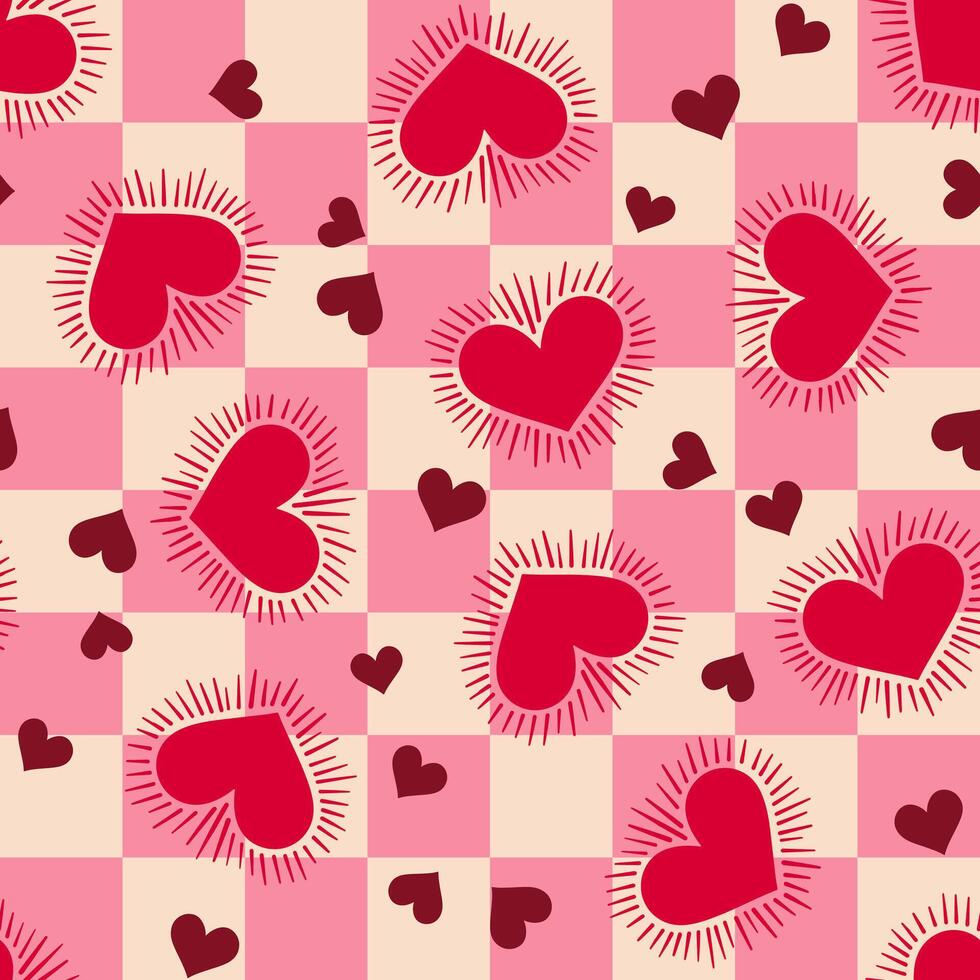 Heart pattern, in shades of pink and red, on a pink checkered background, heart seamless pattern illustration, doodle summer, kids and baby designs for print fabric. vector