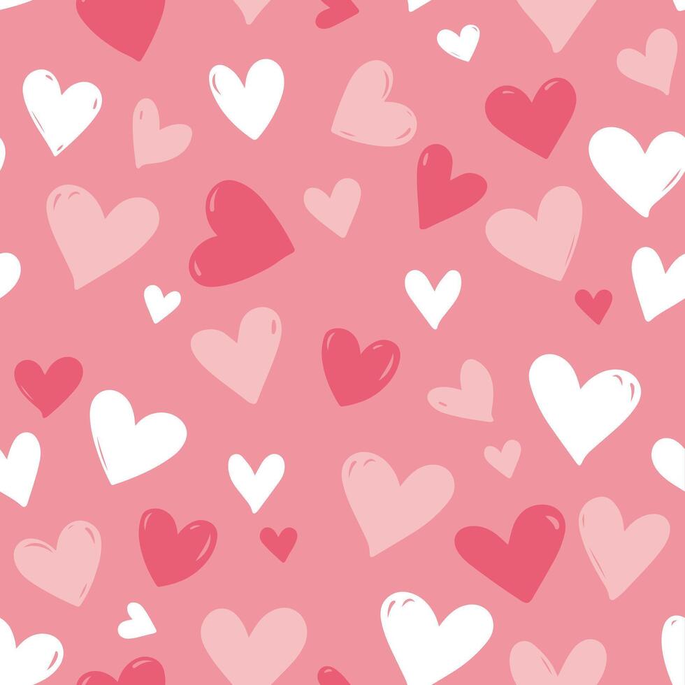 Cute heart shapes, pink and white , heart-shaped on pink background seamless pattern , illustration, doodle summer, kids and baby designs for print fabric. vector