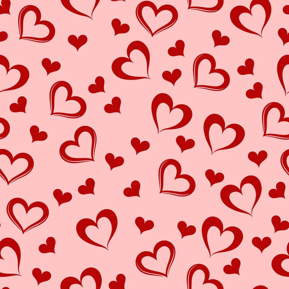 Red hearts on a pink background, doodle summer, kids and baby designs for use as fabric or paper. vector