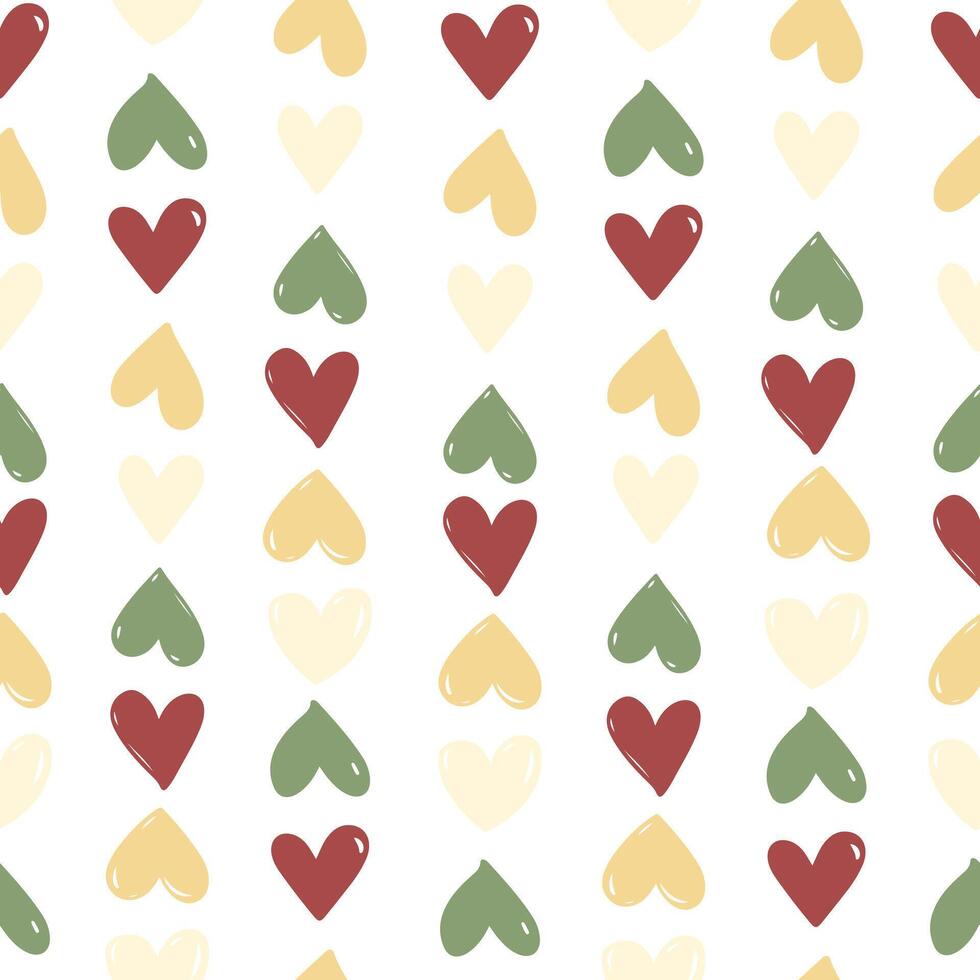 Small hearts in red, green, and yellow in a vertical pattern on a white background, heart seamless pattern illustration, doodle summer, kids and baby designs for print fabric. vector