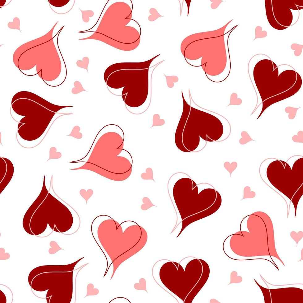 Valentine's Day heart pattern in pink and red on a white background, heart seamless pattern illustration, doodle summer, kids and baby designs for print fabric. vector